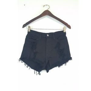 Denim Stretch High Waist Distressed Black Shorts